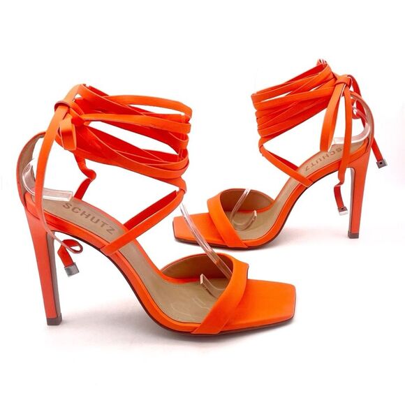 NEW Schutz Bryce Leather Stiletto Sandals Neon Orange Lace-Up Sandals Size 7.5 - Picture 1 of 16